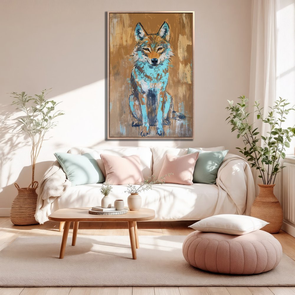 Framed Wall Art: Abstract wolf painting in teal & brown. Modern canvas print decor for living room. Adds a touch of nature & style.