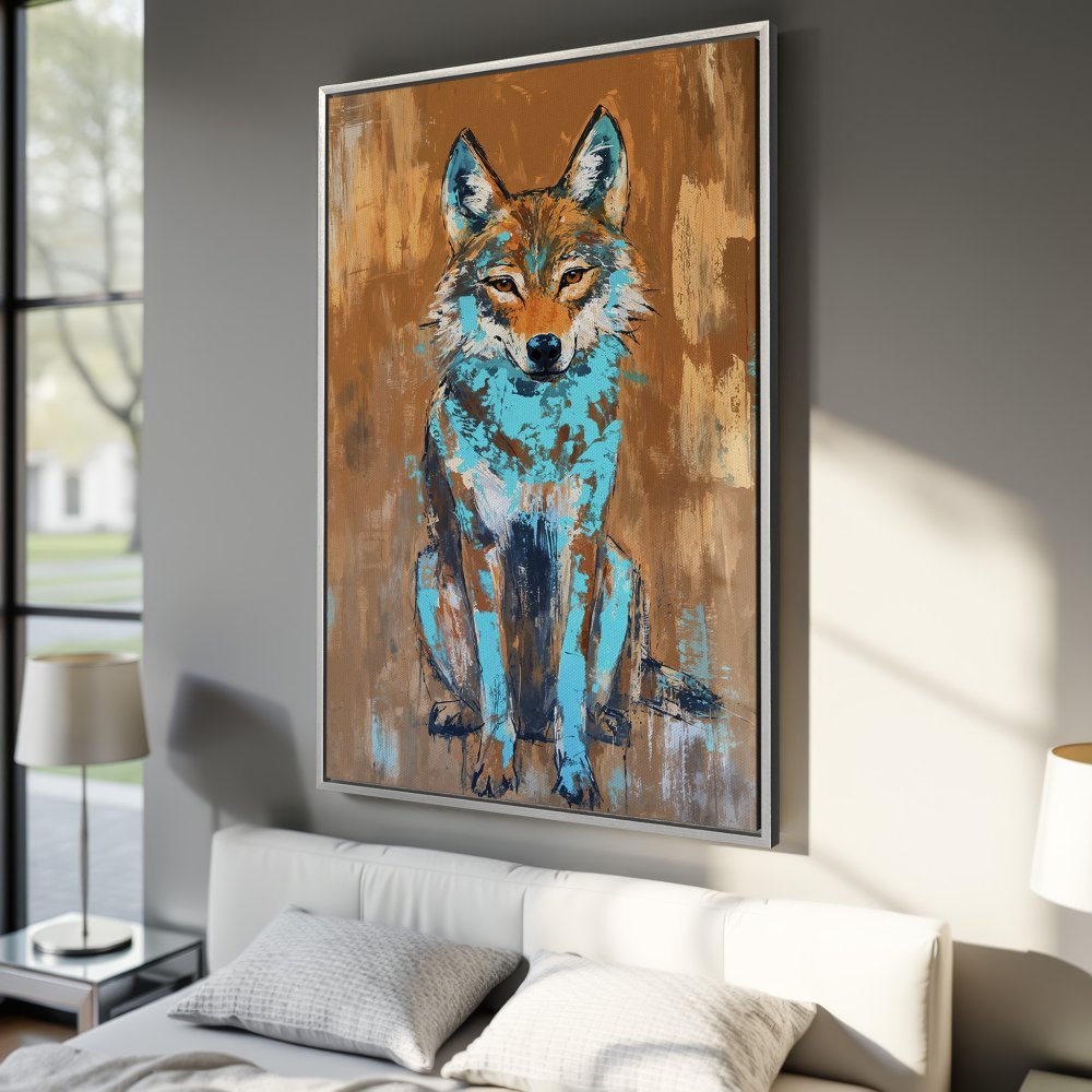 Framed Wall Art: Abstract wolf painting in teal and brown. Add a touch of wilderness to your home with this stunning Canvas Print!