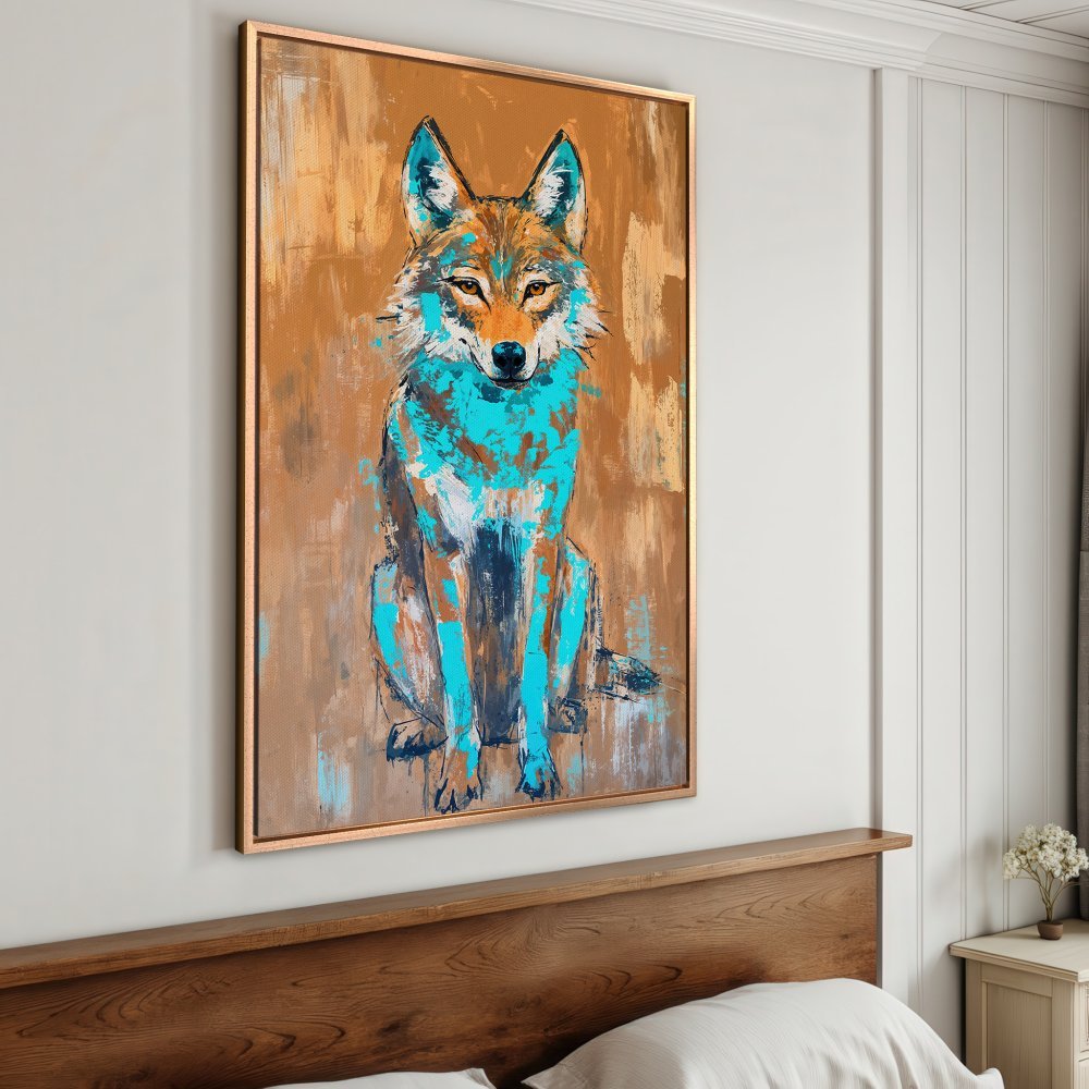 Framed Wall Art: Abstract wolf painting in turquoise and brown hues. Modern art canvas print for home decor.