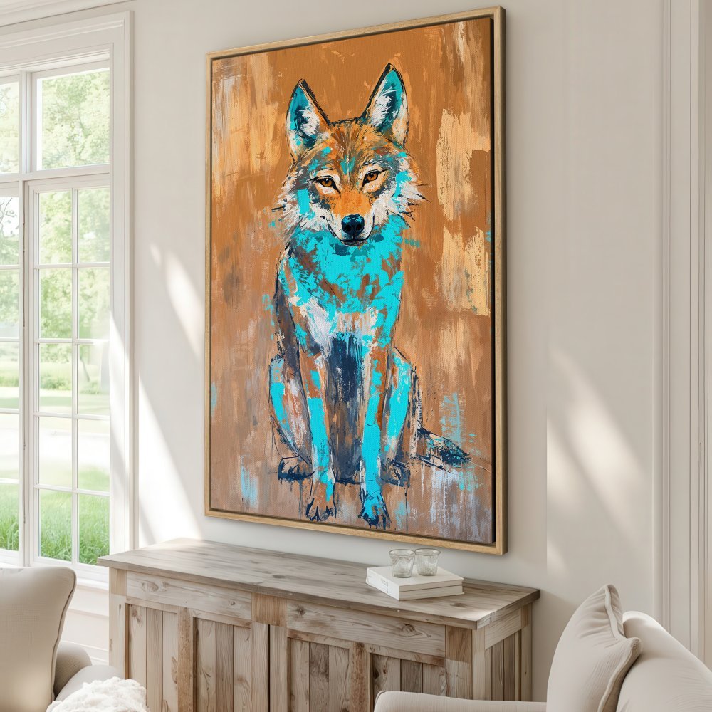 Framed Wall Art: Abstract wolf portrait in teal and brown tones. Add a touch of nature and modern style to your home with this Canvas Print.