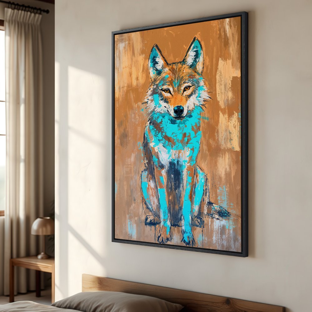 Framed Wall Art: Abstract wolf portrait in teal and brown hues. Add a touch of wild to your space with this stunning canvas print!