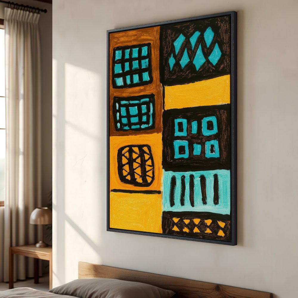 Framed Wall Art: Abstract geometric painting in vibrant yellow, teal, and black. Modern style Canvas Print adds a pop of color to any interior.