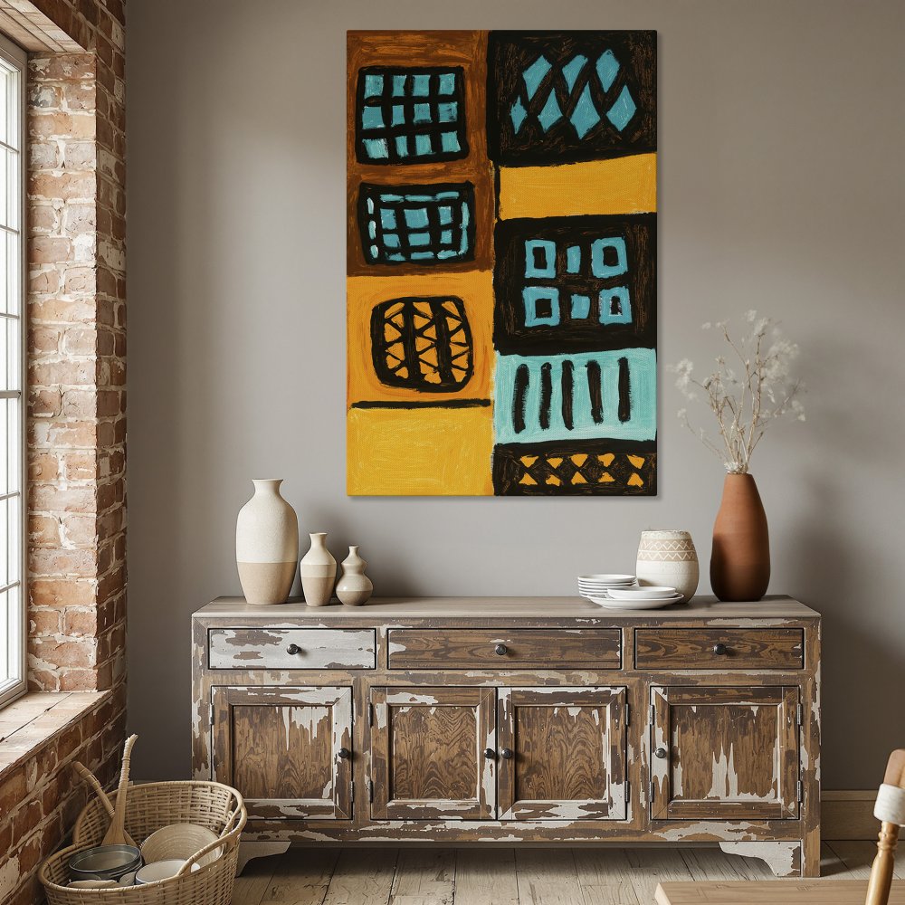 Framed Wall Art: Abstract geometric Canvas Print with teal, yellow, and brown color palette, perfect for dining room decor.