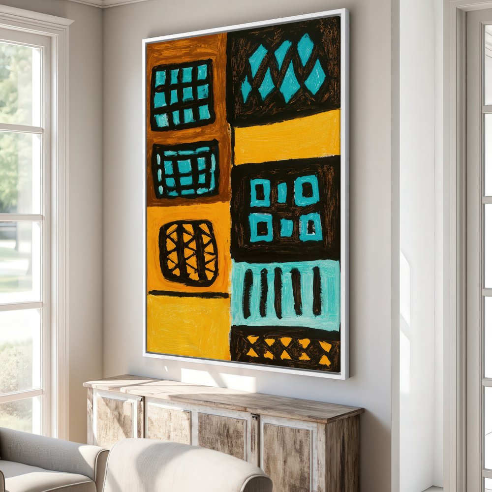 Framed Wall Art: Abstract geometric canvas print in bold yellow, teal, and brown. Modern art for home decor.
