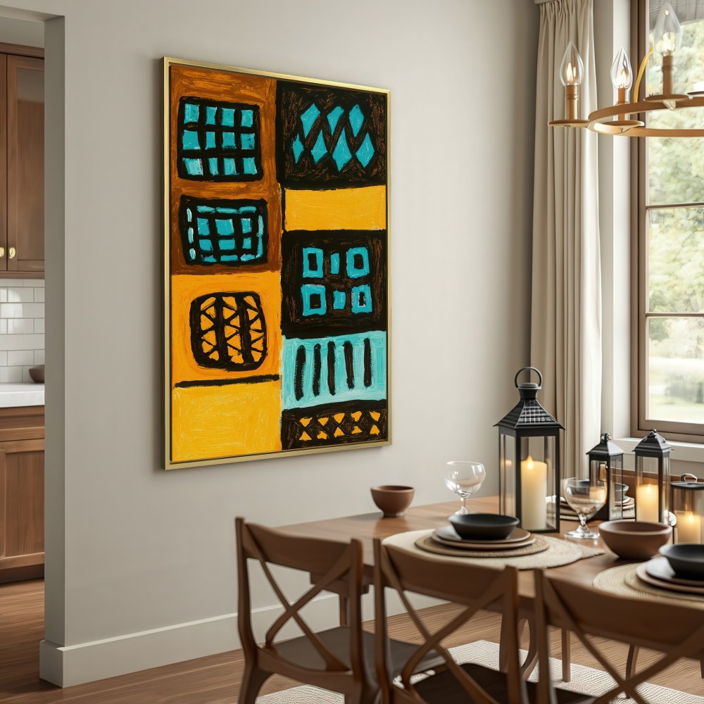 Abstract Canvas Print in a modern interior. Bold yellow, blue, and brown art adds a pop of color. Shop now!