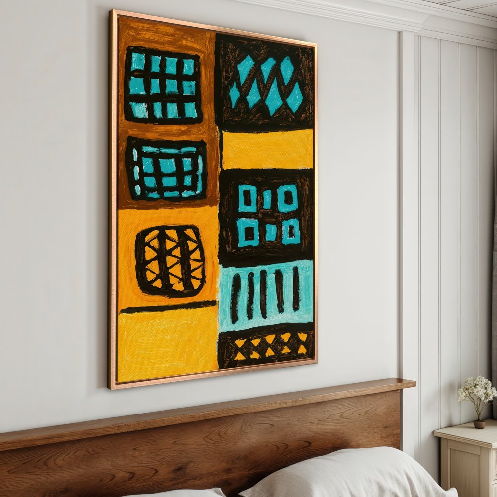 Framed Wall Art: Abstract geometric Canvas Print in yellow, teal, and black. Modern art for your home.