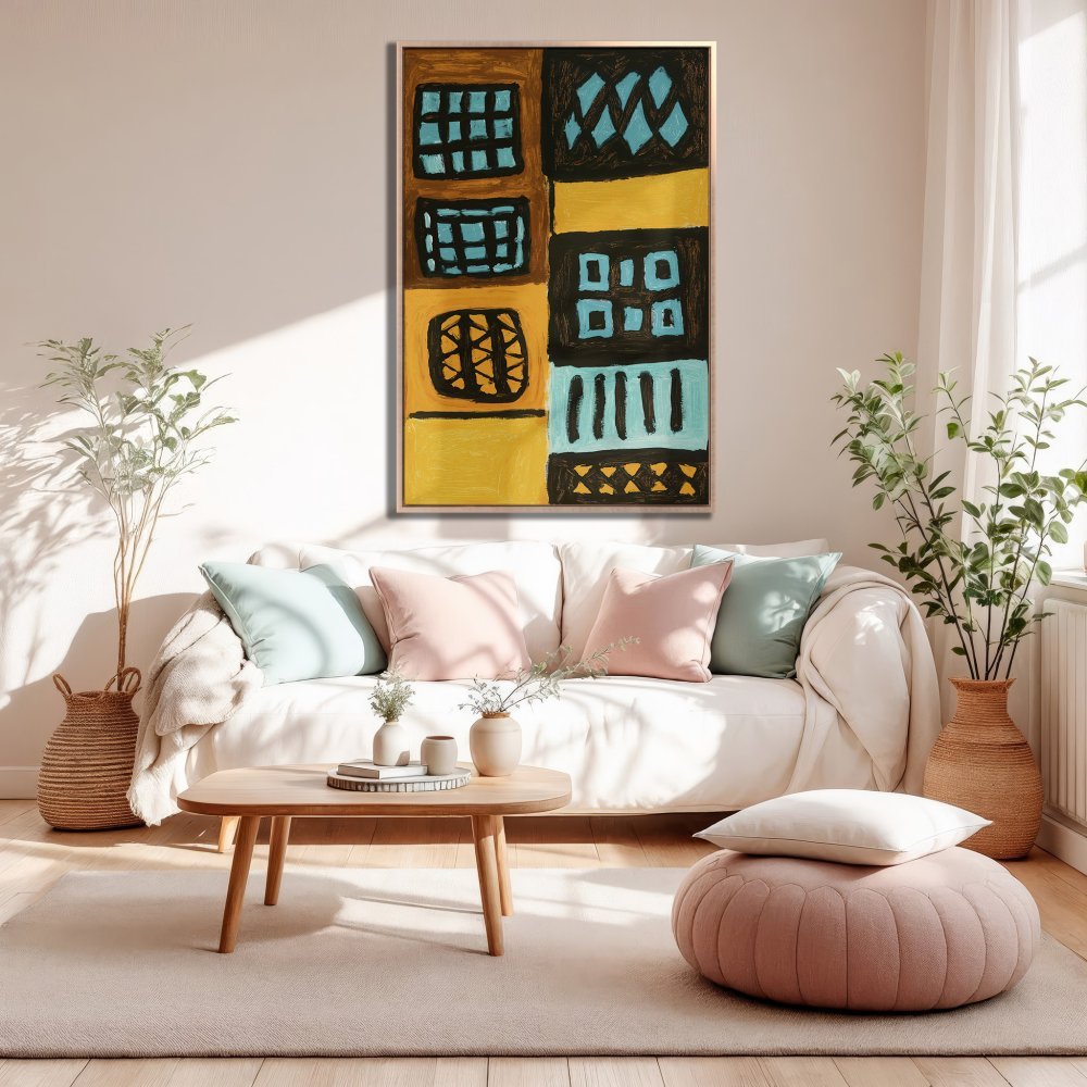 Abstract Canvas Print in a modern living room. Features a bold, geometric design with yellow, black, and teal hues. Elevate your decor!