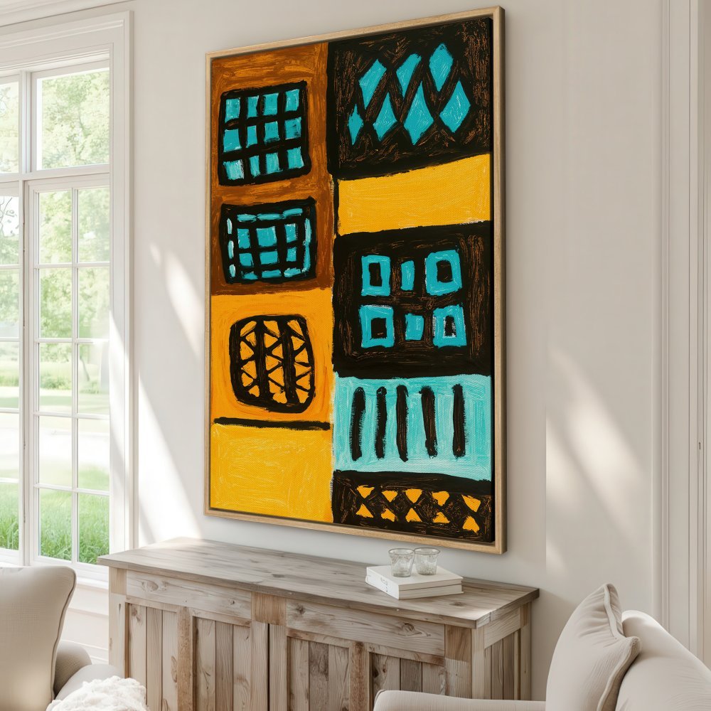 Abstract Canvas Print with geometric shapes in yellow, teal, and brown. Modern wall art for a stylish interior.