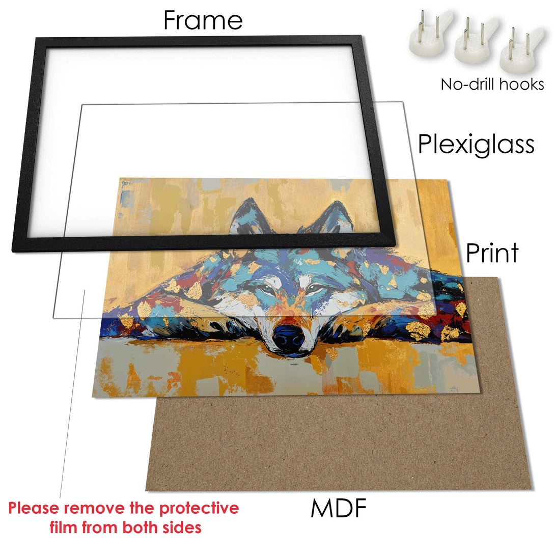 Framed Poster of a wolf in an abstract style with blue, gold, and yellow tones. Perfect wall art for your home!