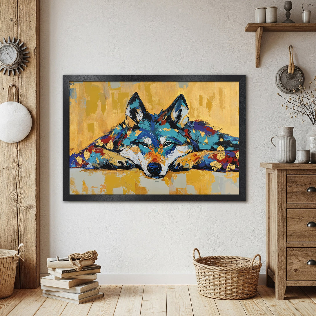 Framed Poster featuring a wolf painting in vibrant blue, gold, and red. Modern art style, perfect wall decor.