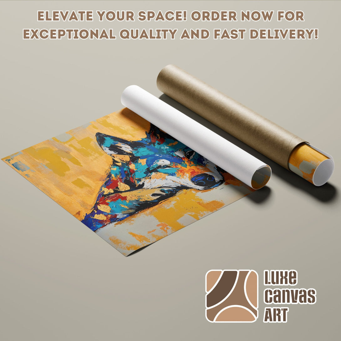 Abstract wolf art poster roll in vibrant blues, golds, and yellows. Elevate your space!