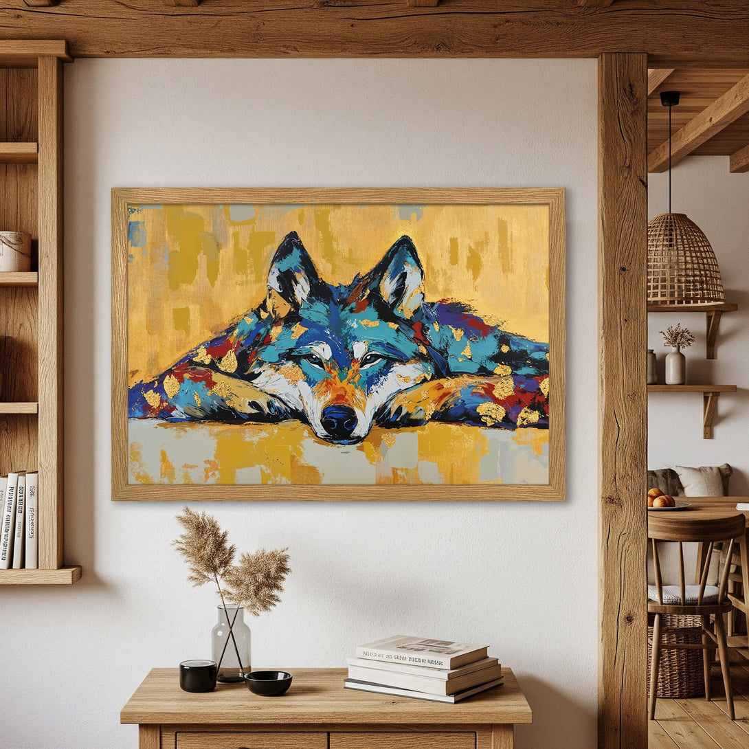 Framed Poster of a wolf in vibrant blue and gold tones. Abstract art style, perfect wall decor for a modern home.