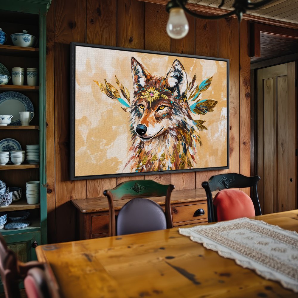 Framed Wall Art: Majestic wolf portrait in warm, earthy tones. Add a touch of nature-inspired art to your home!