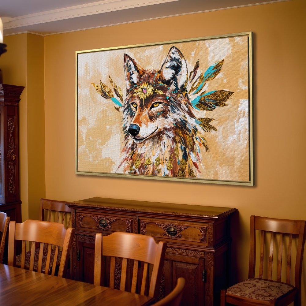 Canvas Print of a majestic wolf in an abstract style, featuring warm earth tones and pops of turquoise. Perfect for your living room!