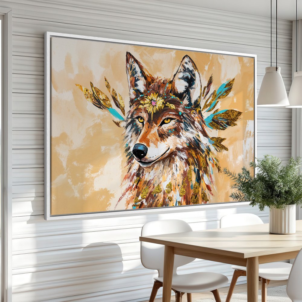Framed Wall Art: Majestic wolf painting in warm earth tones. Add a touch of boho style to your space with this stunning canvas print.