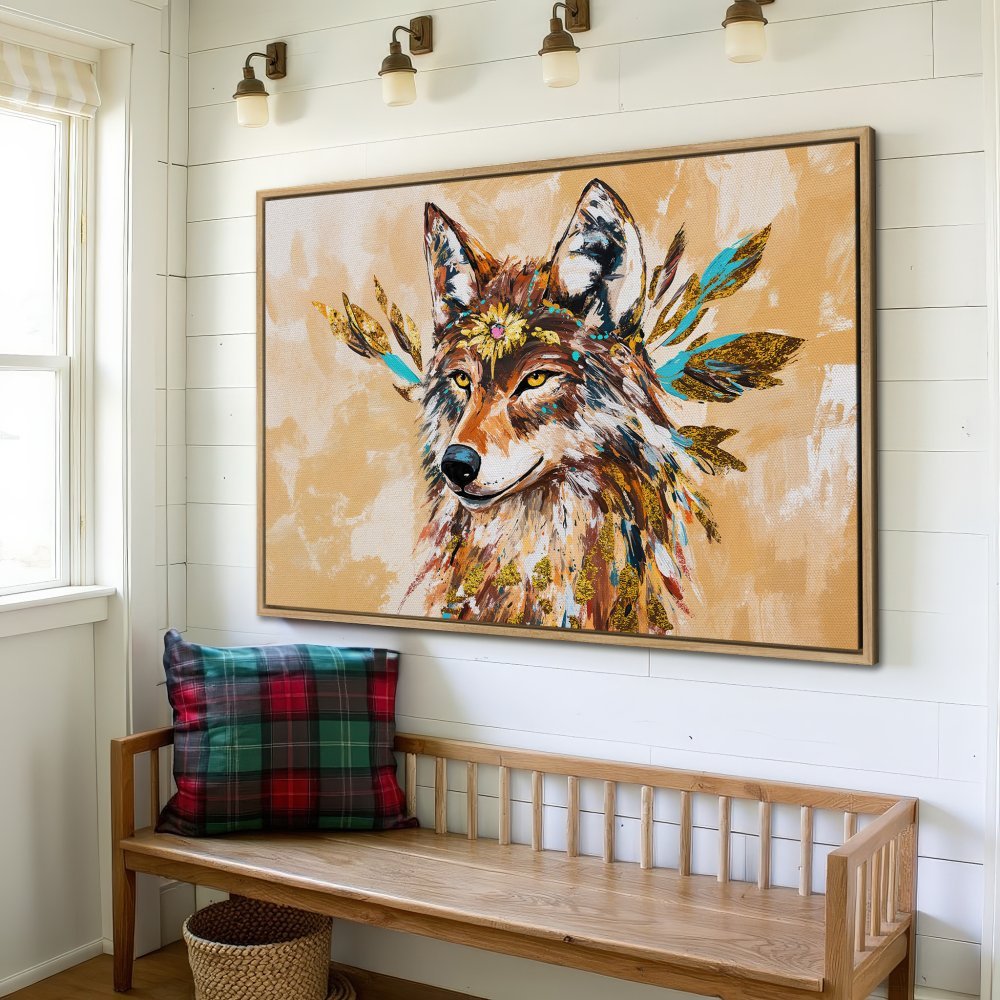 Framed Wall Art: Colorful wolf portrait in warm, earthy tones. Perfect for adding a touch of bohemian style to your home decor.