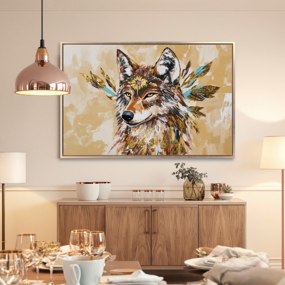 Framed Wall Art: Majestic wolf portrait in warm gold, brown, and blue tones. Modern canvas print adds a touch of elegance to any space.