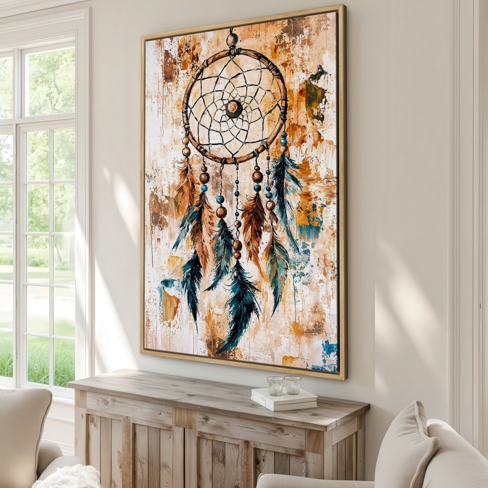 Framed Wall Art: Dreamcatcher canvas print in warm earth tones. Bohemian style artwork for your home decor. Shop now!