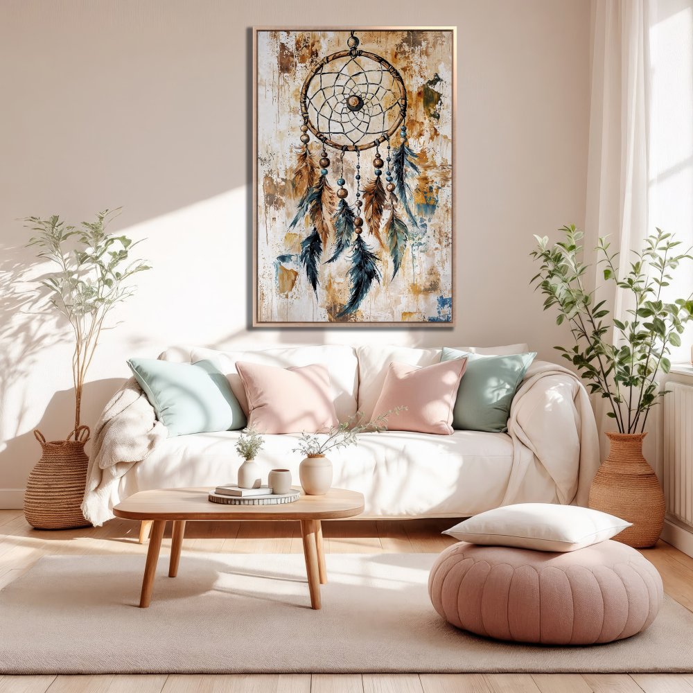 Framed Wall Art: Dreamcatcher canvas print in boho style, featuring warm earth tones and teal accents. Perfect for living room decor.