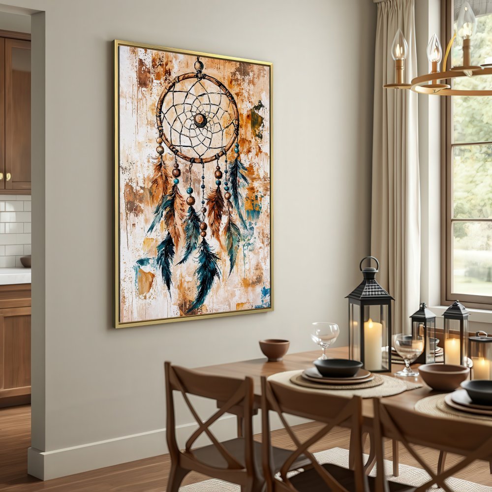 Dreamcatcher Canvas Print, boho wall art in rustic style. Earthy tones of brown, teal, and beige. Perfect for living room decor.