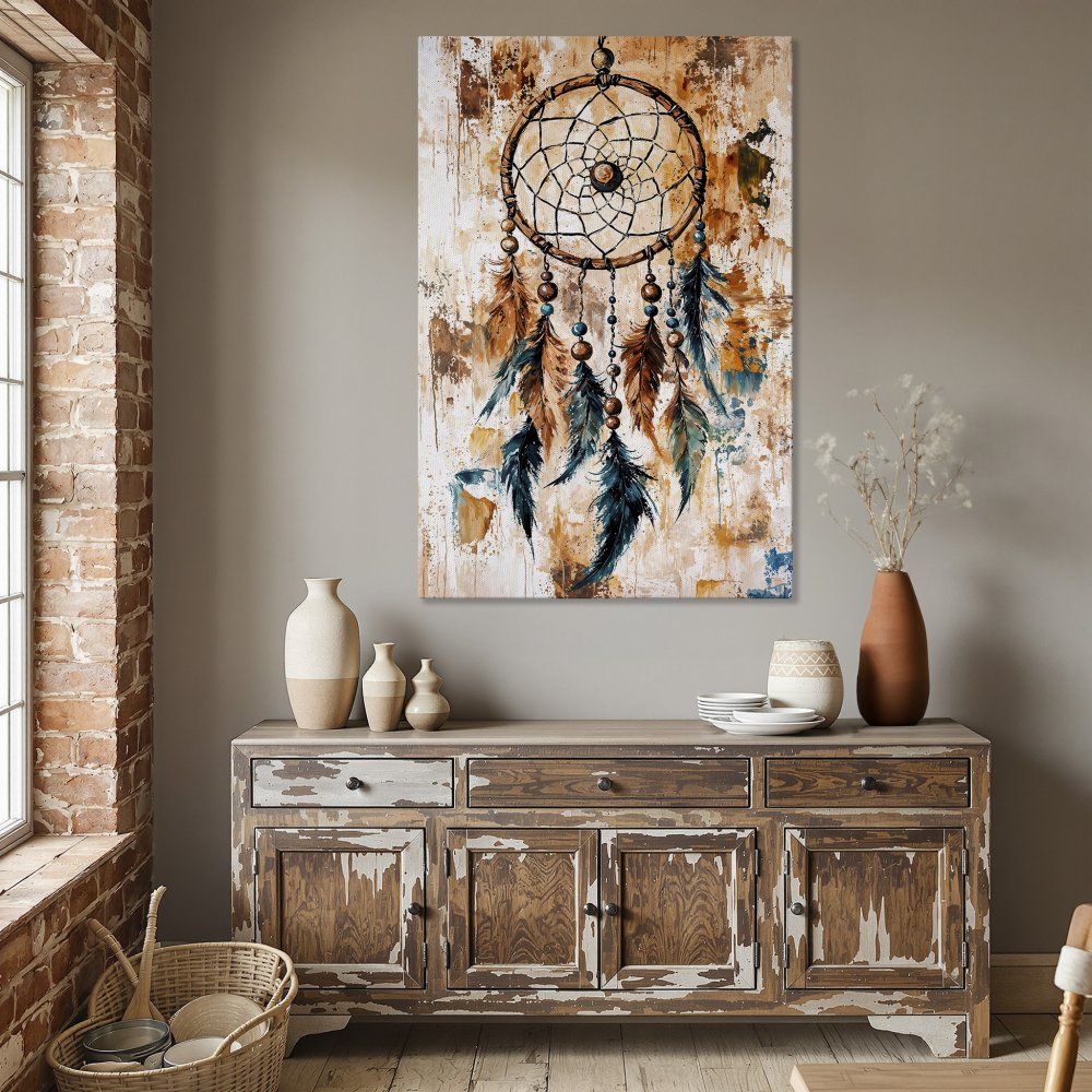 Framed Wall Art: Dreamcatcher Canvas Print in warm earth tones. Boho style art with teal and brown accents, perfect for dining room decor.