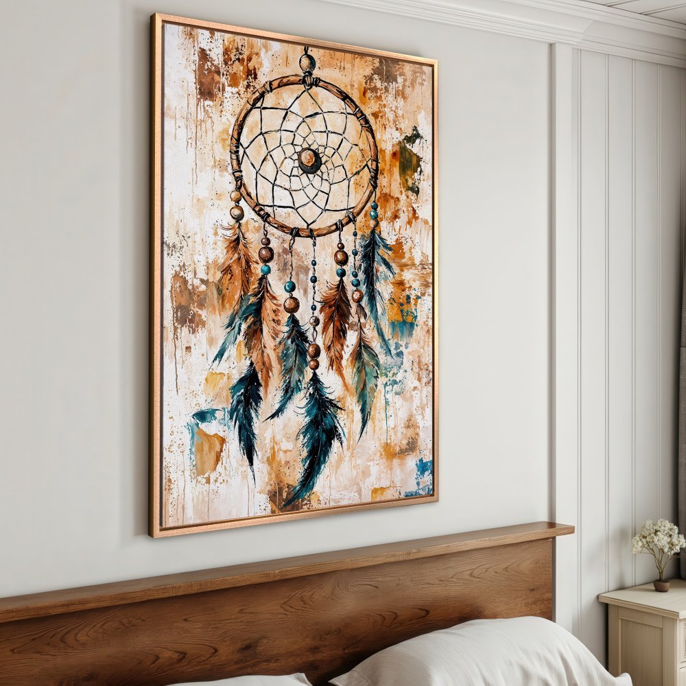 Framed Wall Art: Dreamcatcher Canvas Print in earthy tones. Bohemian style art with teal & brown feathers, perfect for bedroom decor.