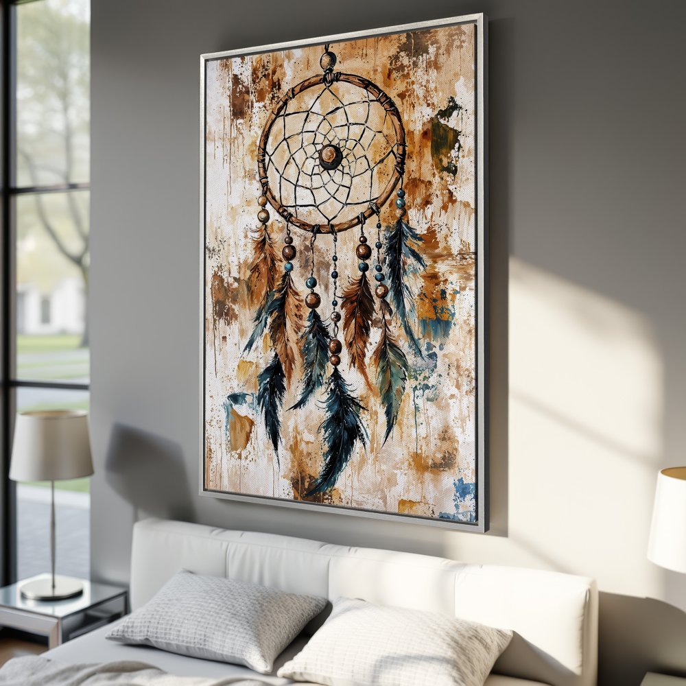 Framed Wall Art: Dreamcatcher Canvas Print in warm brown and blue tones, perfect for boho decor. Add a touch of art to your bedroom!
