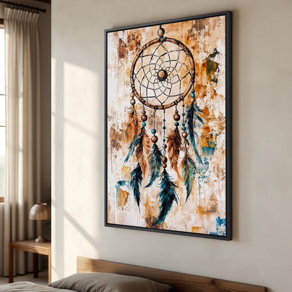 Framed Wall Art: Dreamcatcher print in boho style with earthy tones and teal accents. Perfect for bedroom decor!