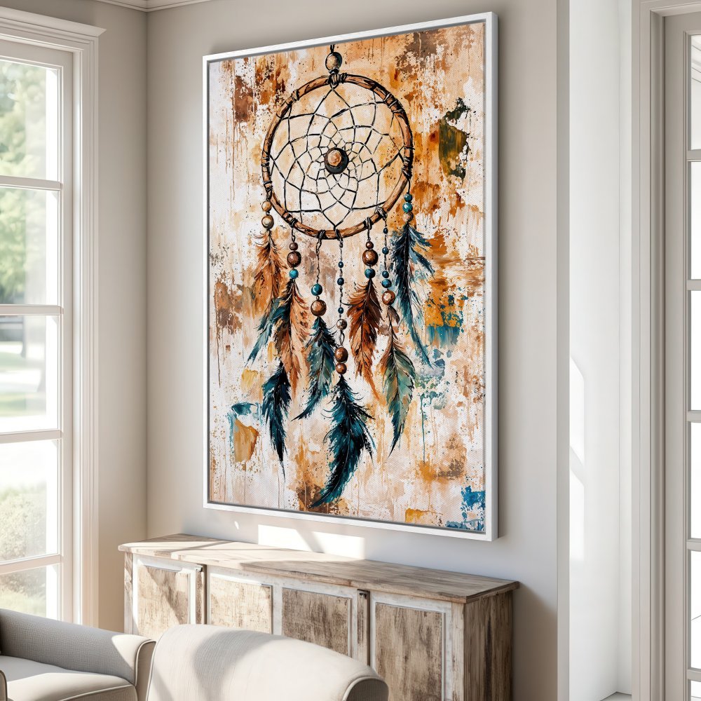 Framed Wall Art: Dreamcatcher canvas print in a warm, earthy palette. Bohemian style art for your living room or bedroom decor.