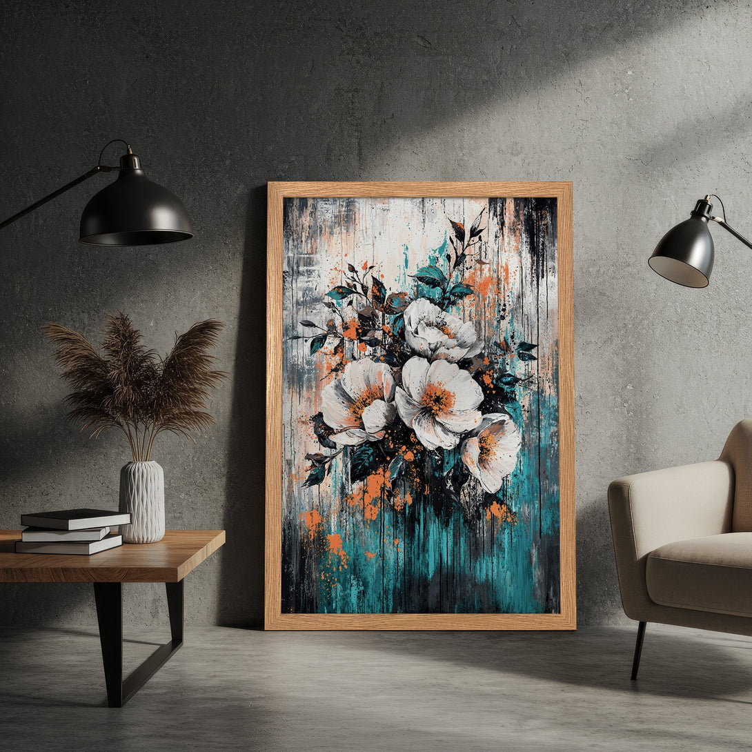 Framed Poster featuring abstract floral art in white, teal, and orange hues. Modern art print for home decor.