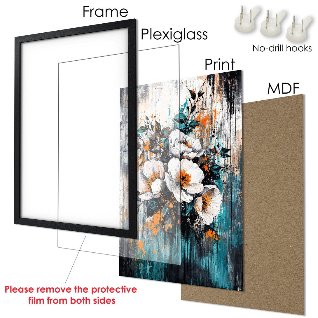 Framed Poster featuring floral art in a modern style with white, teal, and orange hues. Perfect wall decor!