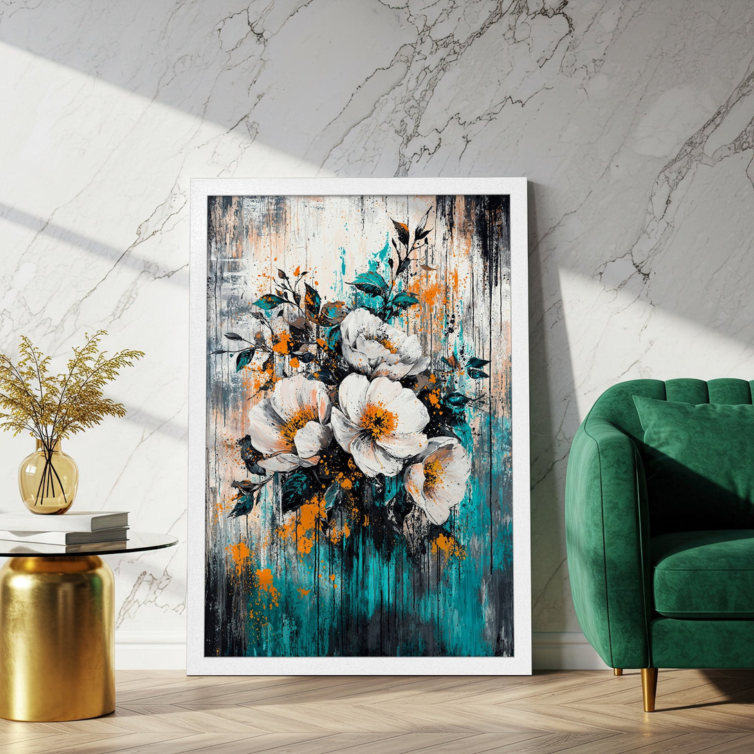Framed Poster featuring abstract floral art. Modern style with white, teal, orange, and black color palette. Perfect wall decor for any room.