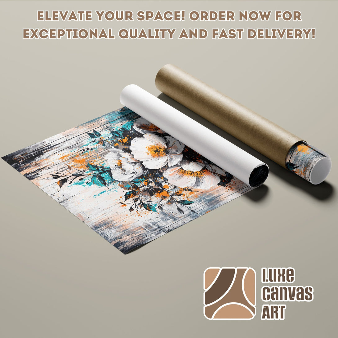 Abstract floral Poster Roll art print with a teal, orange, and gray color palette. Elevate your space with Luxe Canvas Art!
