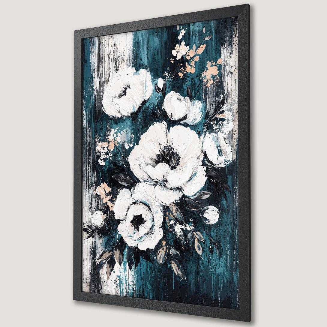 Framed Poster featuring abstract white floral art with teal, black, and blush tones. Modern wall decor for a stylish home.