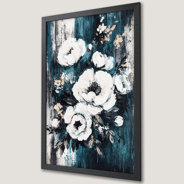Framed Poster featuring abstract white floral art with teal, black, and blush tones. Modern wall decor for a stylish home.