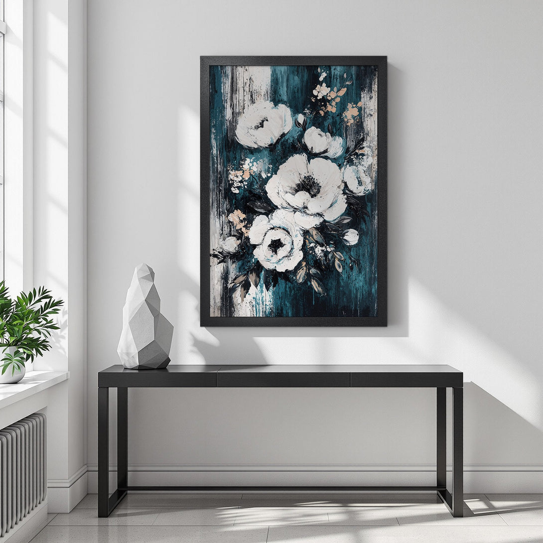 Framed Poster featuring white floral art on a teal and white abstract background. A stylish addition to any home decor.