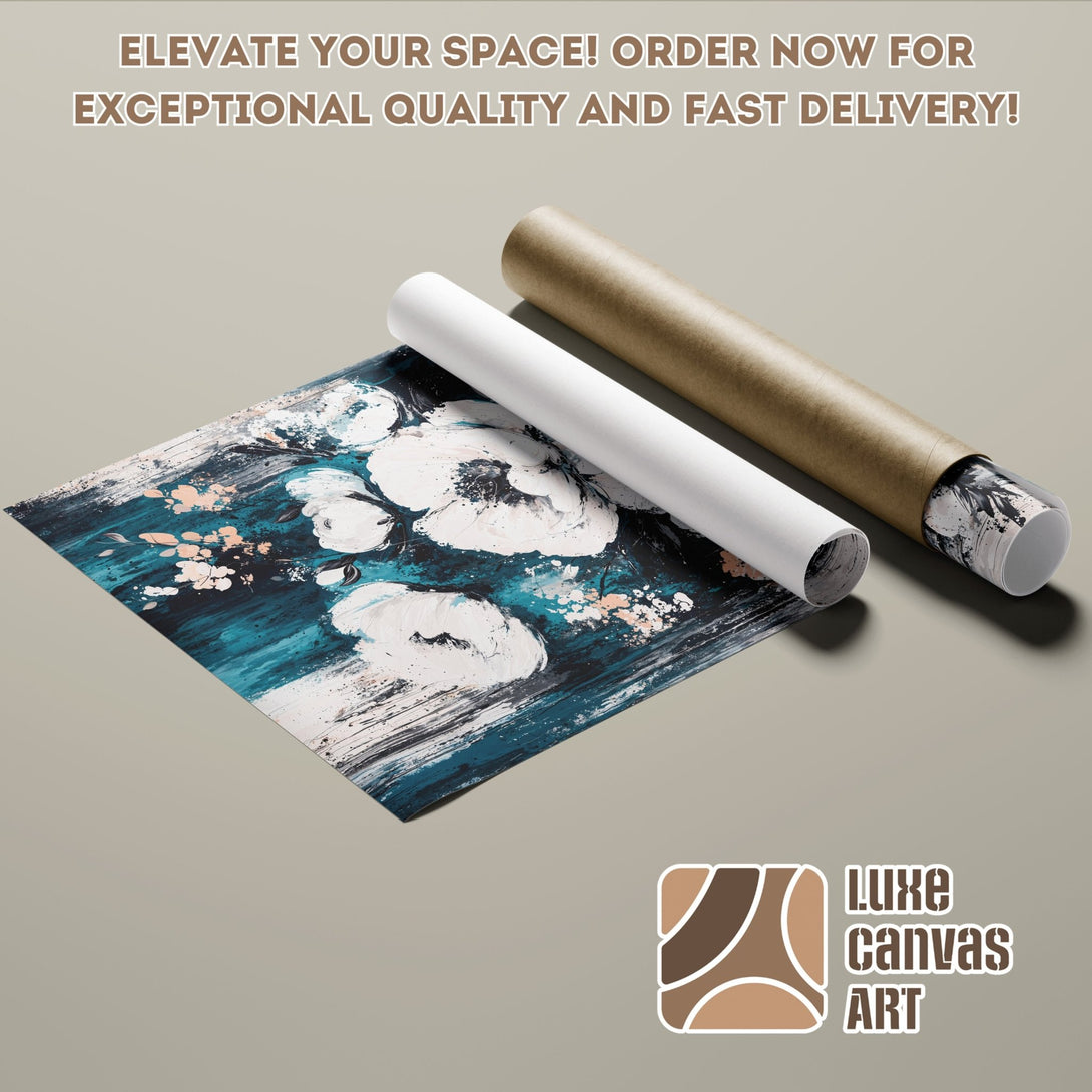 Abstract floral Poster Roll in teal, white, and blush tones. Elevate your space with Luxe Canvas Art!
