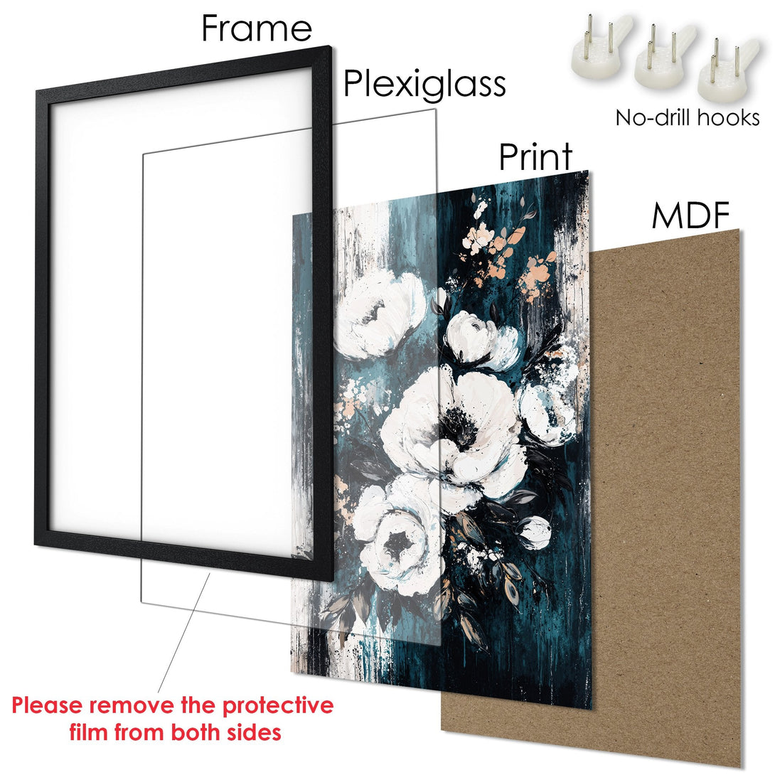 Framed Poster featuring white floral art on a dark teal background. Modern style with a moody, elegant color palette. Ready to hang!