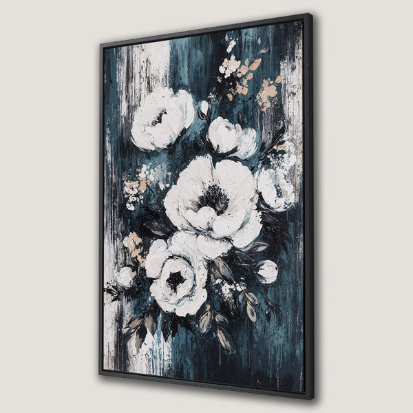 Framed Wall Art featuring elegant white floral art on a teal and neutral color palette. Modern canvas print for home decor.
