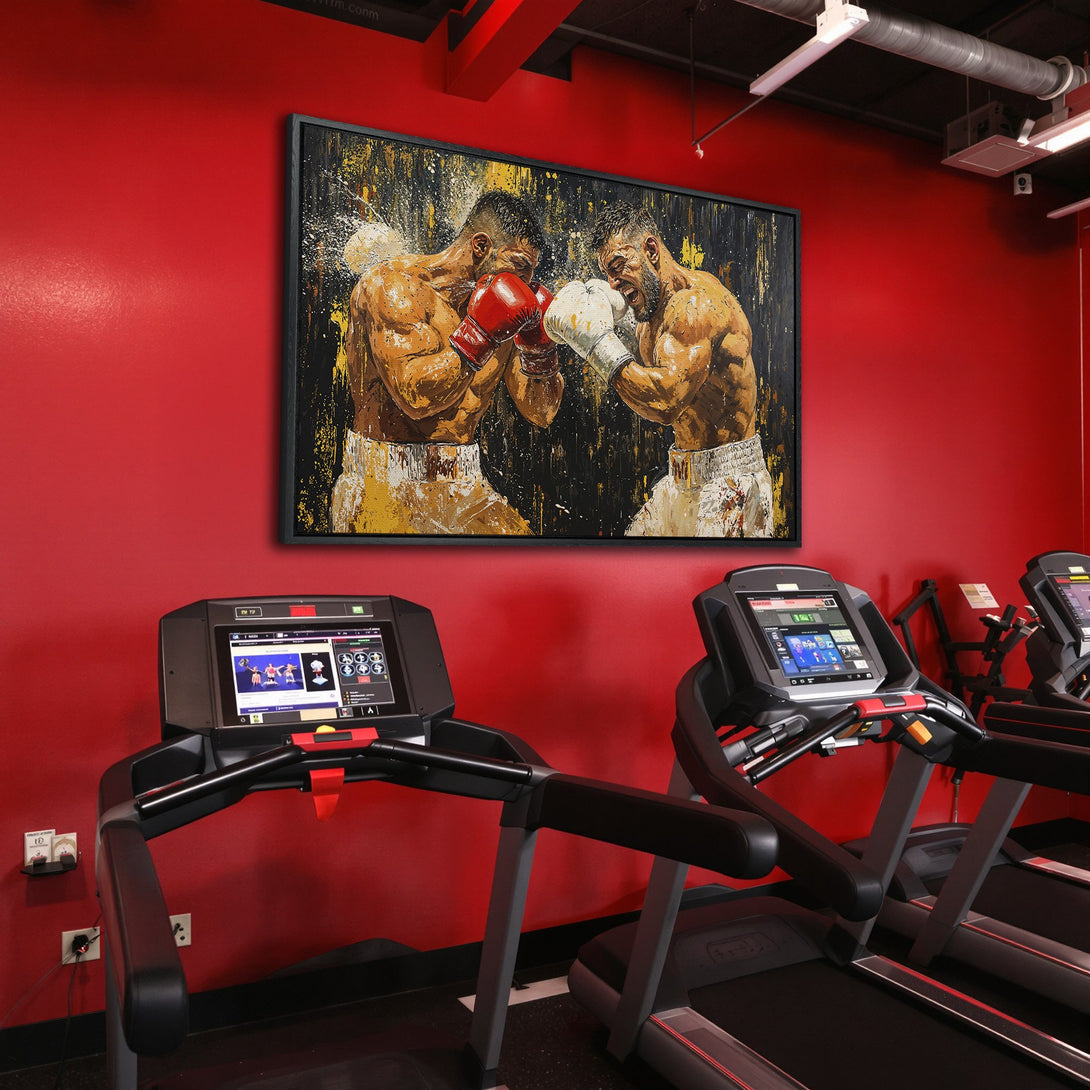 Framed Wall Art: Dynamic boxing match art in a gym setting. Bold, expressive style with a red, black, and gold color palette. Elevate your space with this impactful canvas print.