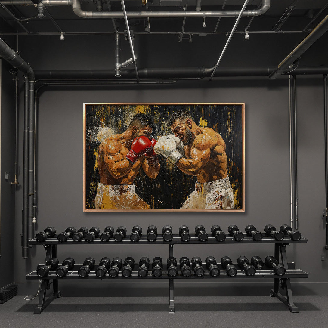 Framed Wall Art: Dynamic boxing match canvas print in a modern gym. Bold, expressive style with a striking black, gold, and red color palette. Elevate your space!