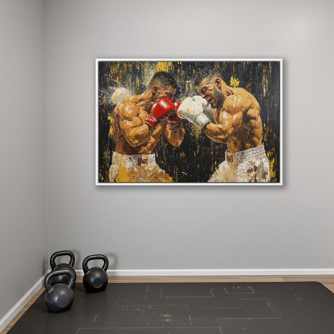 Framed Wall Art: Dynamic boxing match canvas print in a bold, expressive style. Features a black, yellow, and brown color palette. Perfect for home gyms!