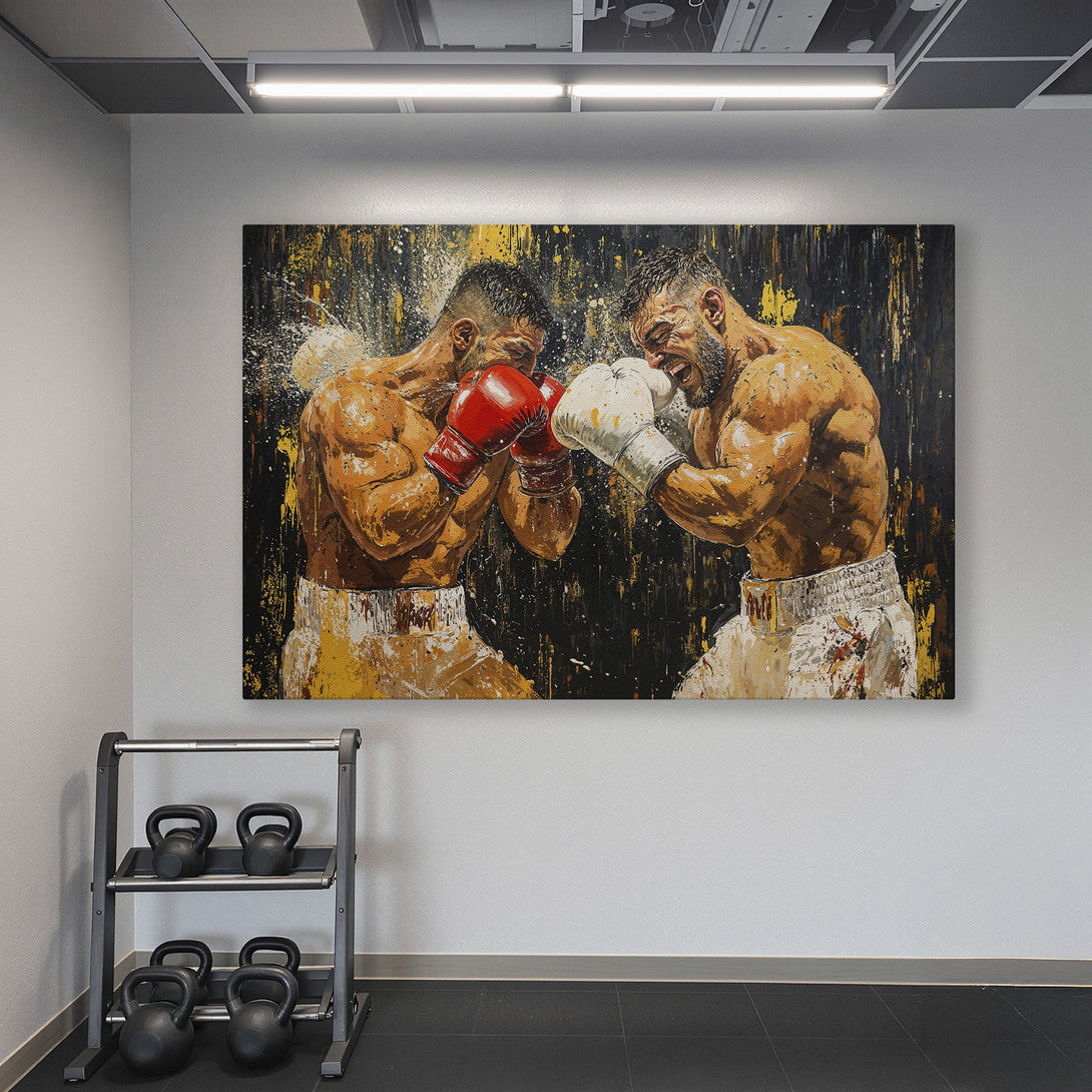 Framed Wall Art: Dramatic boxing match canvas print with bold brushstrokes, warm tones, and a striking gold frame. Perfect for gym decor!