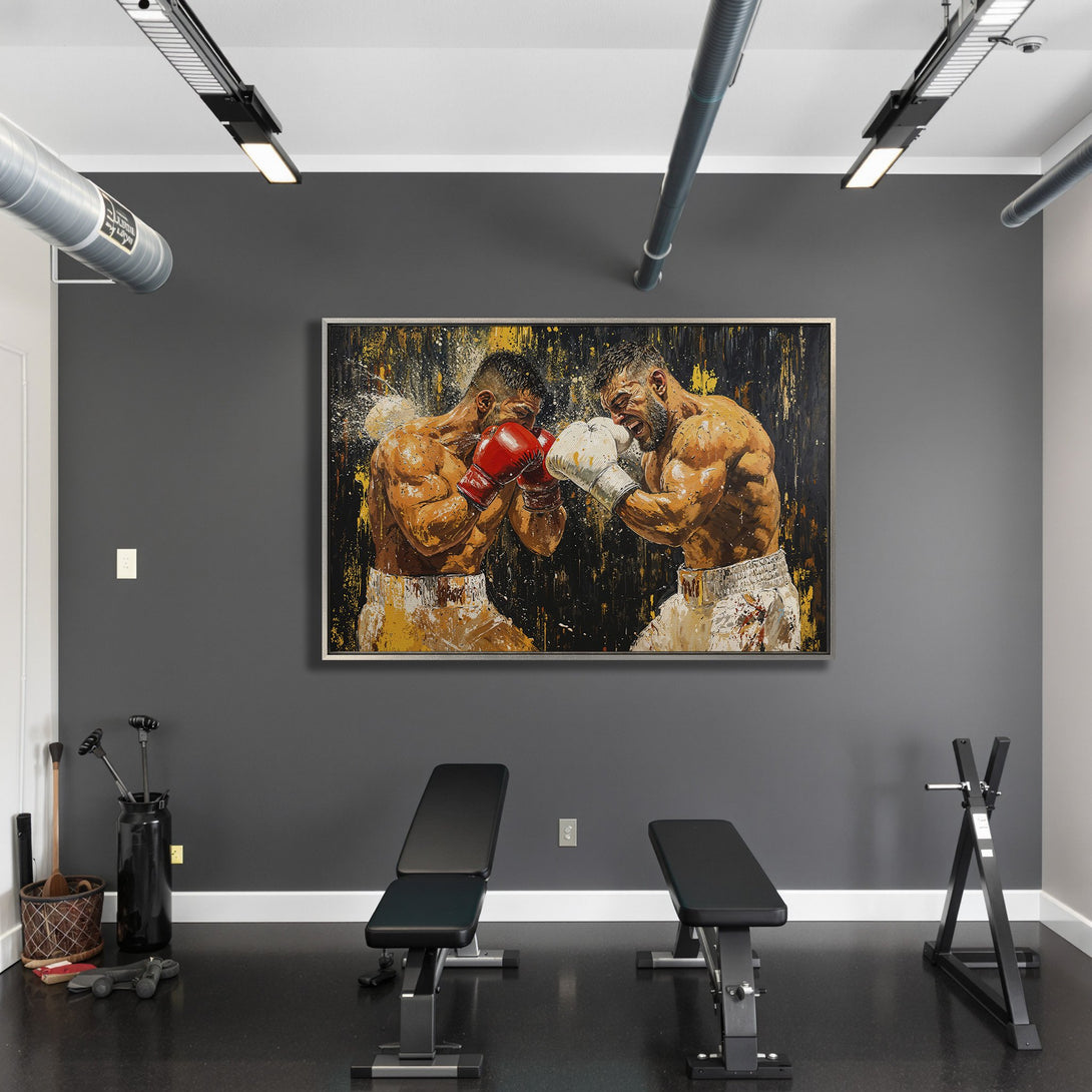 Framed Wall Art: Dynamic boxing match artwork with a bold, abstract style. Features a striking black, gold, and red color palette, perfect for a modern gym.