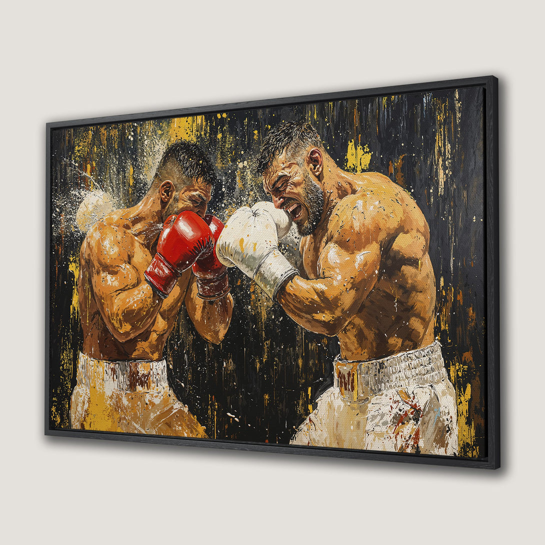Framed Wall Art of boxing match in a striking abstract style. Bold colors of black, gold, and red create a powerful and dynamic Canvas Print.
