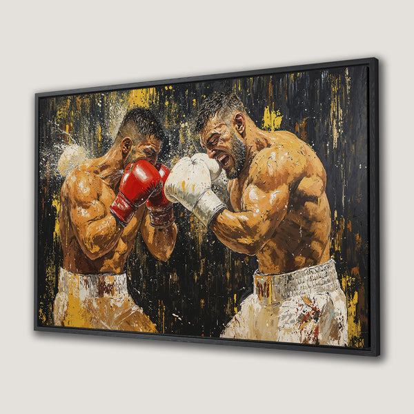 Framed Wall Art of boxing match in a striking abstract style. Bold colors of black, gold, and red create a powerful and dynamic Canvas Print.