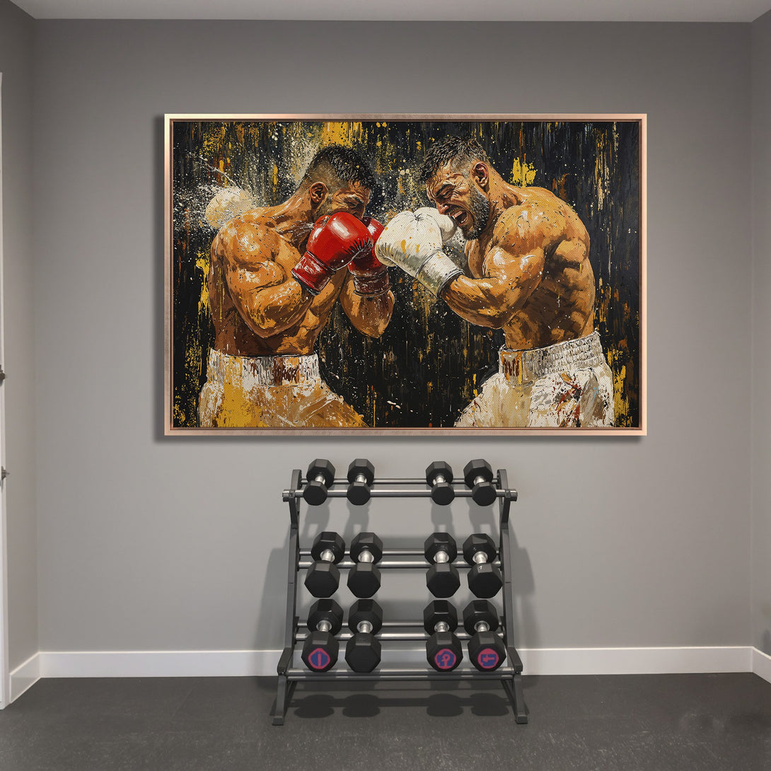 Framed Wall Art: Dynamic boxing match painting in a gym setting. Bold, expressive style with a warm, earthy color palette. Elevate your space!