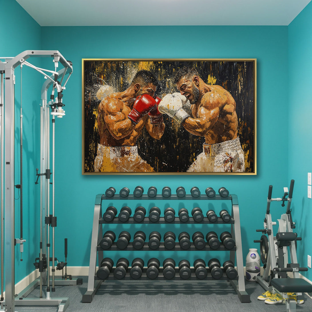 Canvas Print: Dynamic boxing art in a gym setting. Bold, abstract style with a warm, earthy palette featuring black, gold, and red. Elevate your space!