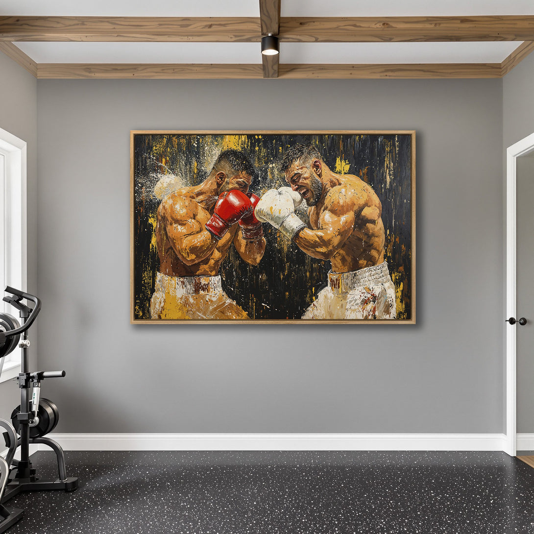 Framed Wall Art: Dynamic boxing match canvas print with a bold, abstract style. Features a warm, earthy color palette. Perfect for a home gym or office.