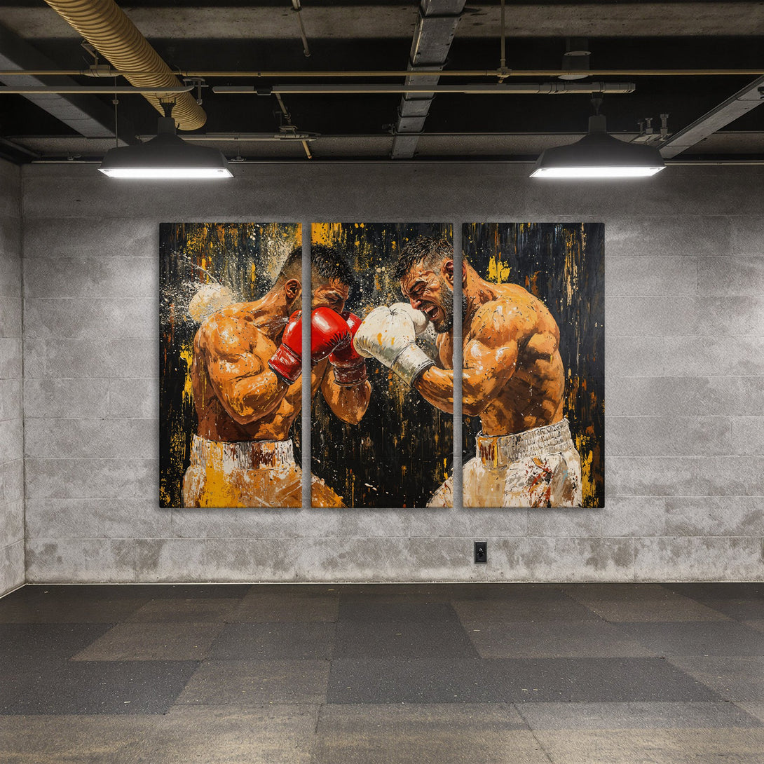 Canvas Print of a dynamic boxing match in an expressive style with a bold black, yellow, and orange palette. Perfect for modern decor.